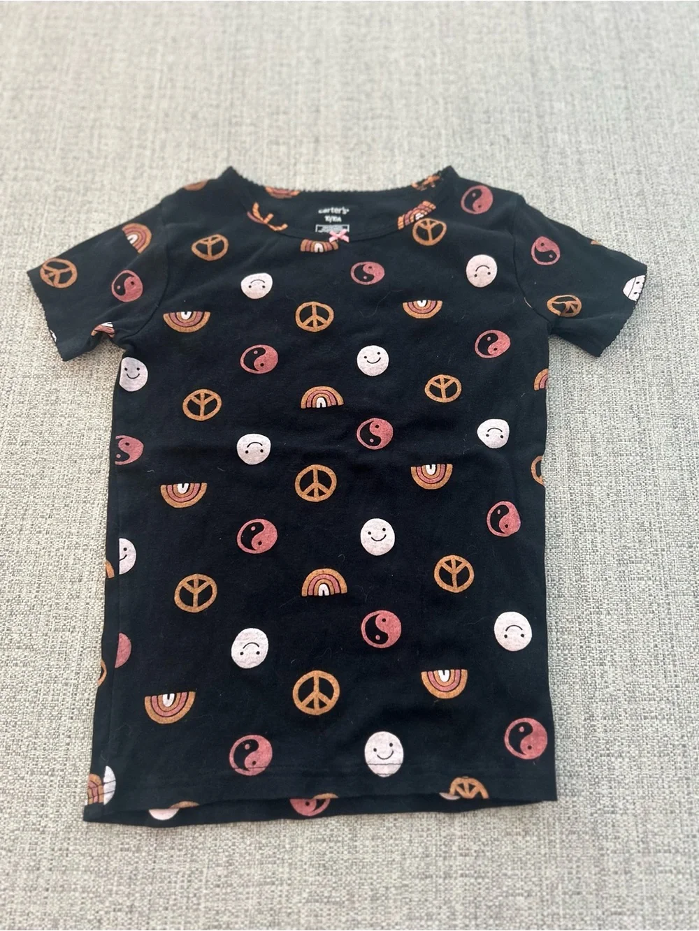 Carter's Black Pajama Set with Peace Signs, Rainbows & Smiley Faces. Size 10